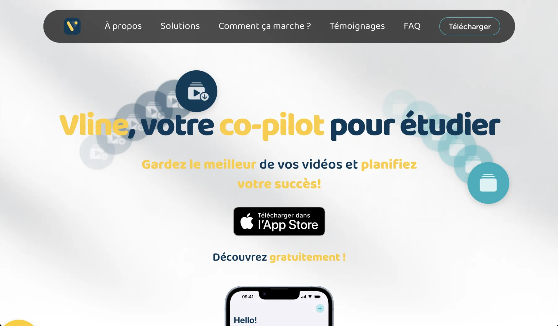 Landing page Vline : « Vline, votre co-pilot pour étudier »
